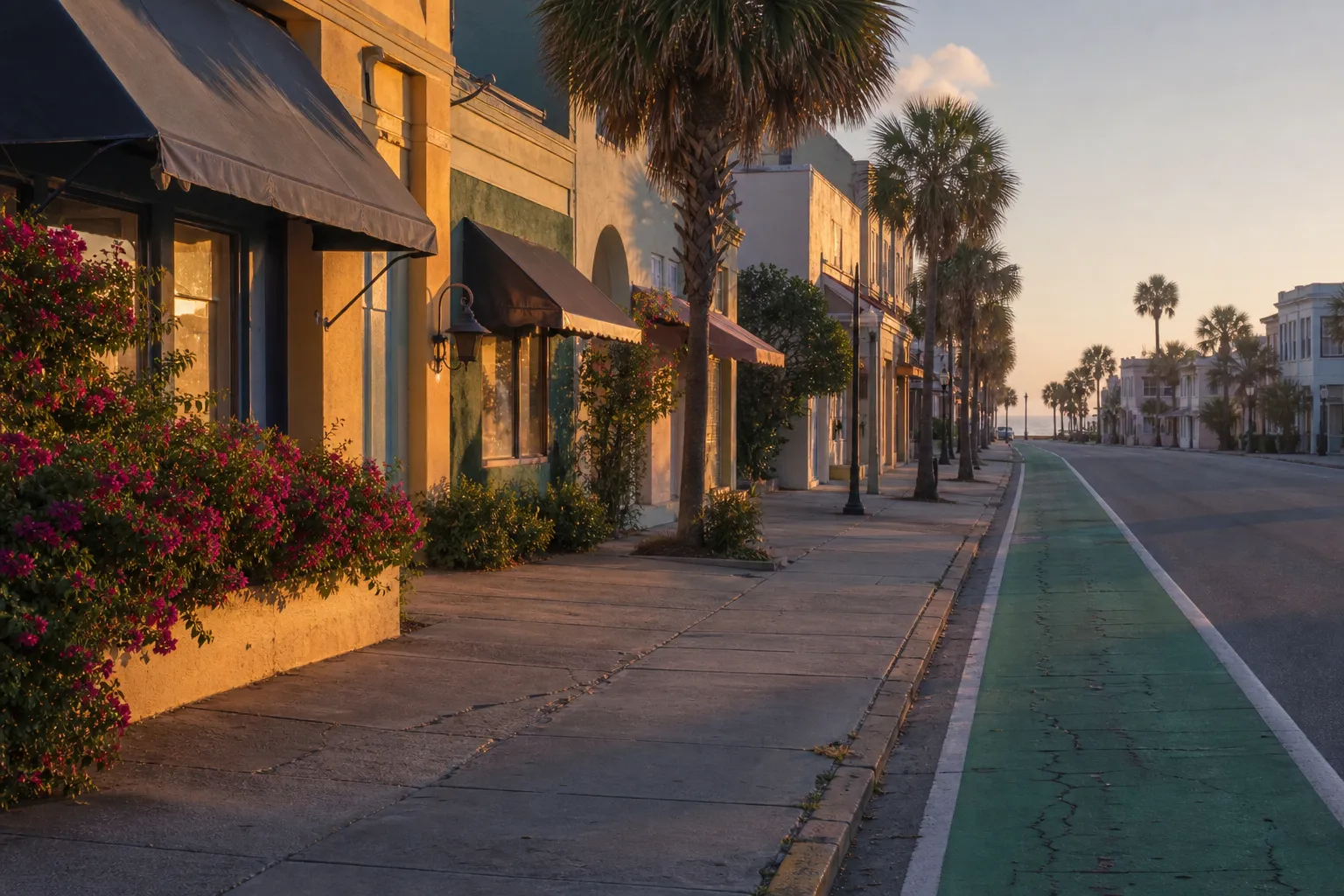 A quiet Gulf-coast Florida town street in warm evening light, with pastel storefronts, palms, and an empty bike lane.
