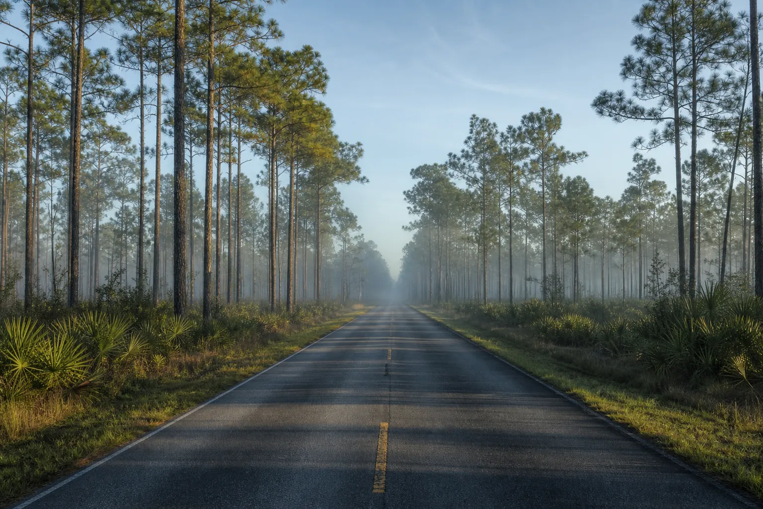 An empty two-lane road running through misty Florida pine flatwoods in early morning light.