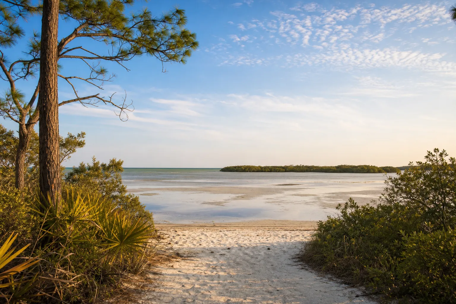 A sandy trail running out of Florida scrub to meet a shallow tidal flat, with calm Gulf water and a low mangrove key beyond, in warm late-afternoon light.