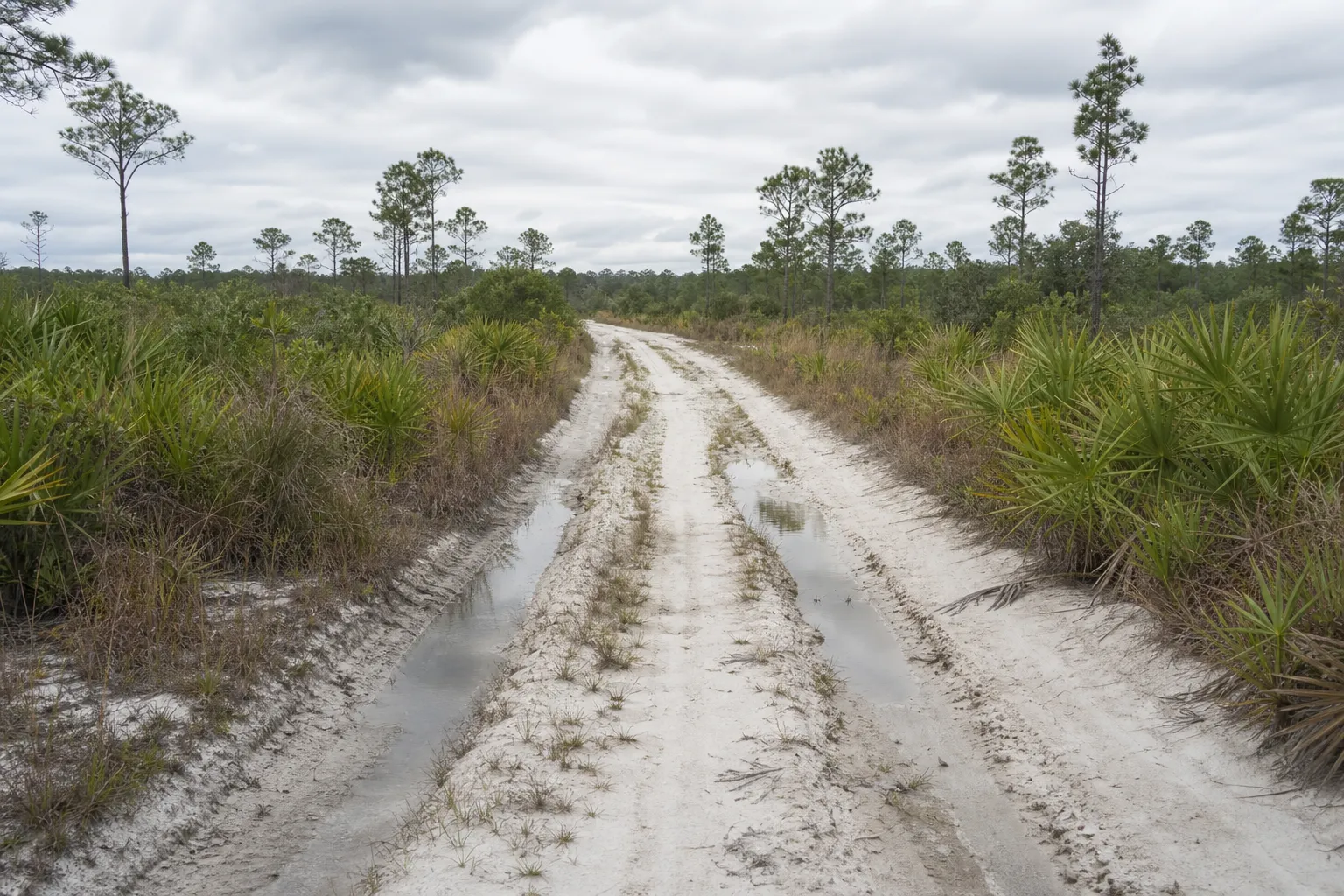 A rutted white sand two-track through Florida palmetto scrub under a bright overcast sky, with puddles standing in the ruts.