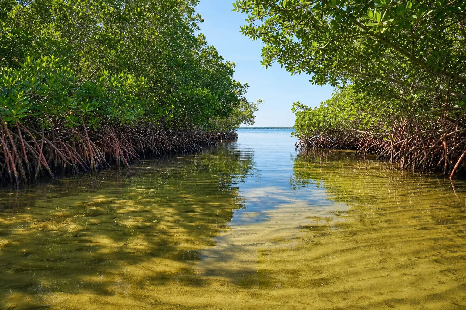 A calm, shallow mangrove-lined backwater channel in Southwest Florida opening toward brighter open water.