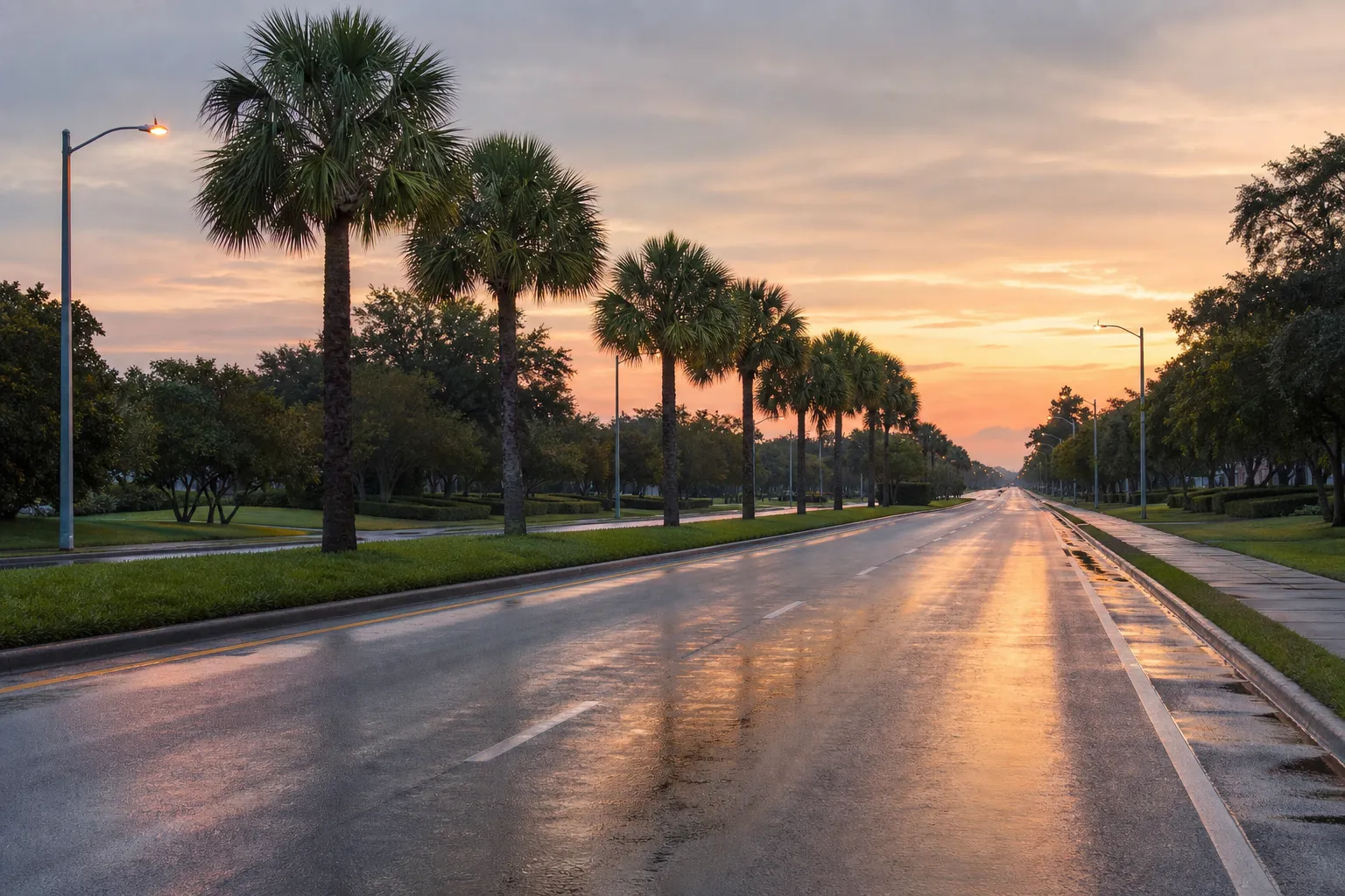 A wide, empty suburban Florida road at dawn, wet from rain and reflecting an orange sky, lined with cabbage palms.