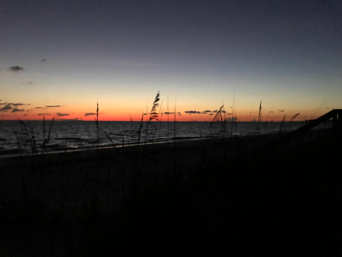 Sea oats silhouetted against an orange and deep blue afterglow over the water at Boca Grande Pass, Gasparilla Island.
