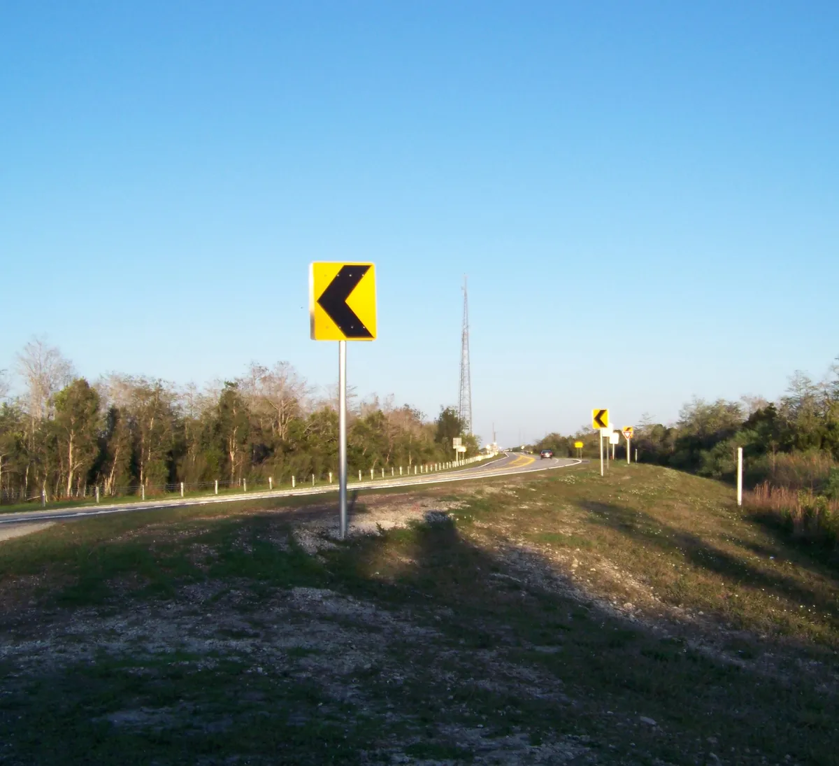A long sweeping curve on the Tamiami Trail at Fortymile Bend, marked with yellow chevron signs, running between low Everglades treeline under an empty blue sky.